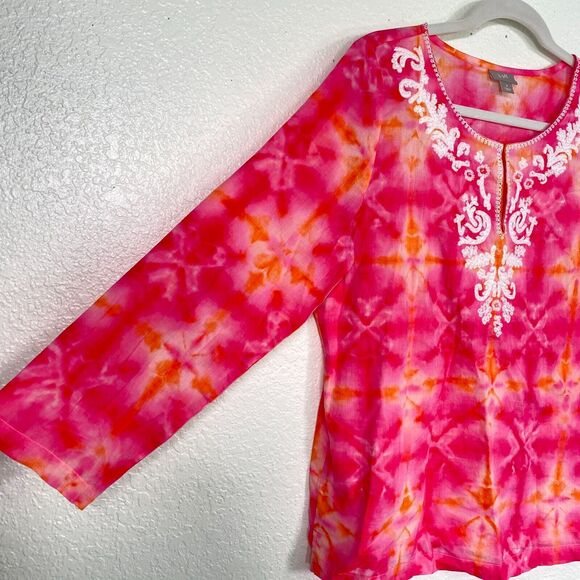 J Jill Top Women Medium Tie Dye Beaded Embroidered Shirt Blouse Bright Colorful - Picture 6 of 11